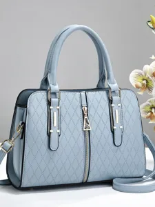 Elegant light blue diamond embossed handbag with gold hardware and large capacity