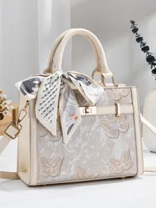 Chinese Stijl Geborduurde Vrouwen Handtas Met Sjaal Decoratie Vlinder Borduurwerk Tote Tas PU Leer Crossbody Forenzen Tas