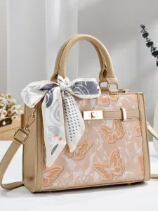 Elegante dames handtas met vlinder kant en zijden sjaal, PU lederen handtas voor dames.