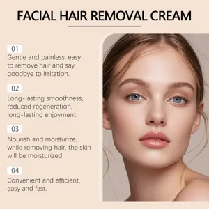 Détail de crème épilatoire visage montrant des bienfaits doux et hydratants.