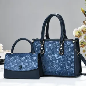 Navy blue digital print tote mother-child handbag set, stylish commuter bag with double handles.