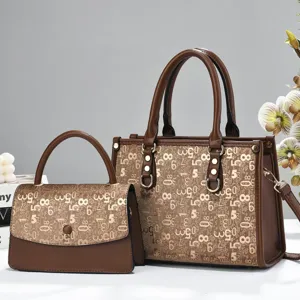 Stylish brown printed tote mother-child handbag set, large capacity elegant commuter women bag.