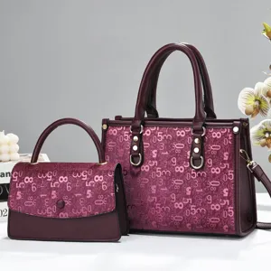 Elegant wine red tote handbag set with stylish digital pattern, perfect for daily commute.