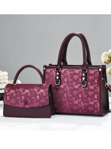 Burgundy tote bag and handbag set with stylish numerical monogram pattern for women.