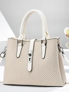 Elegant PU Leather Top Handle Bag For Women Lock Design Large Capacity Multi Compartment Shoulder Bag Classic Stitching Tote Bag For Commuting Daily Wear