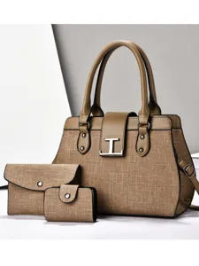 Borsa casual da donna set, grande capacità borsa madre in pelle tessuta marrone vista principale.