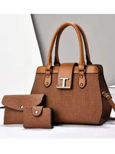 Elegante set di borsa a mano marrone da donna in patchwork, grande capacita pratica.
