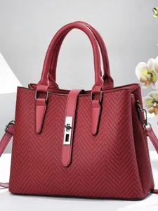 Elegant red chevron tote handbag with metal lock design, large capacity shoulder bag for women.