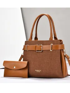 Σετ vintage καφέ γυναικεία τσάντα tote μεγάλη χωρητικότητα με κομψό μικρό πορτοφόλι
