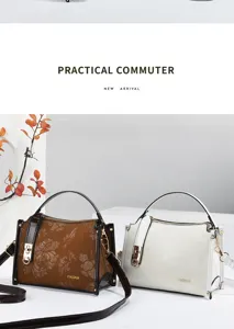 Detailed view of women's commuter handbag with floral print, gold hardware, and dual color options.