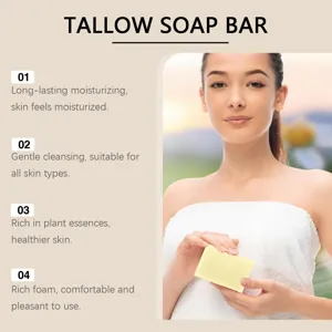 Herbal tallow soap bar detail view, showcasing smooth texture and rich foam for skin care.