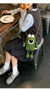 Cute green crochet one-eye monster crossbody phone bag, casual cute knit small shoulder bag.