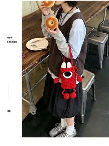 Handcrafted crochet mini phone bag cute red cartoon monster single shoulder cross body bag style