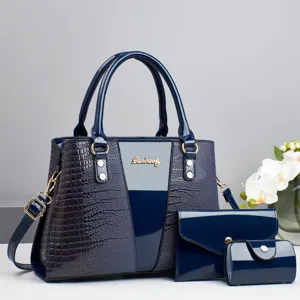 Damen Lackleder Krokodilmuster 3-teilige Handtasche Shopper Schultertasche Set Hauptansicht.