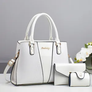 Damen Handtasche Set drei Teile weiß Kroko Muster PU Leder Schultertasche große Kapazität