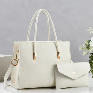 Elegant white tote bag set with matching pouch, stylish pu leather shoulder handbag for women