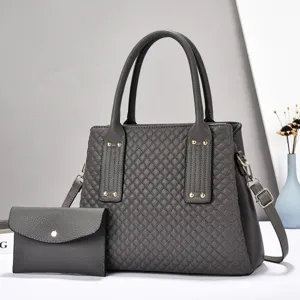 Borsa a mano trapuntata grigia con pochette coordinata, grande borsa elegante da donna.