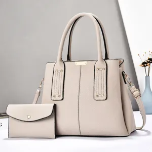 Elegante schoudertas van zacht leer met bijpassende tas, grote capaciteit, beige.
