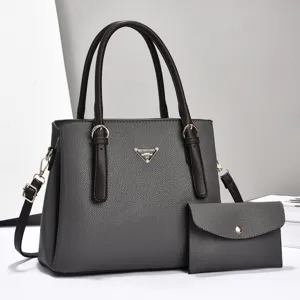 Stylish women gray PU leather tote bag with matching clutch cross body handbag set.