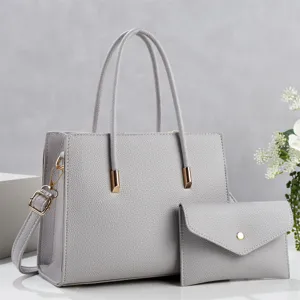 Minimalist grey PU leather tote bag with matching clutch, large capacity casual daily carry.