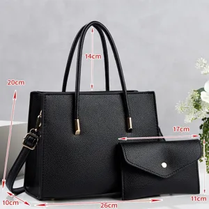Black leather tote bag set with matching clutch, large capacity casual commuting handbag.