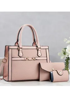 Ensemble sac cabas femme rose, sac à main épaule élégant en cuir PU avec portefeuille assorti.