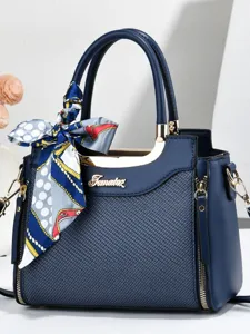 Fashion women tote handbag with silk scarf accessory, stylish blue shoulder cross body bag.