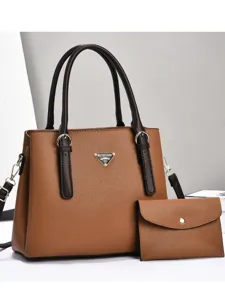 Brown PU leather women tote bag with matching pouch, stylish multi-compartment handbag.