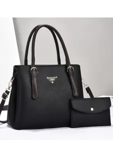 Fashion black leather tote bag with matching wallet, multi-compartment shoulder bag.