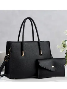 Black leather tote bag set with matching clutch, large capacity casual commuting handbag.