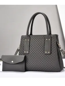 Borsa shopper trapuntata in pelle grigio scuro con pochette, grande borsa da lavoro.