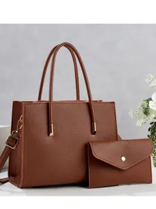 Brown tote bag with matching clutch, large capacity casual commuting woman handbag crossbody.