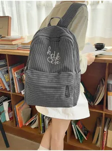 Japanese harajuku style plaid large capacity student school bag backpack with embroidery detail