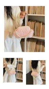 Pink flower pearl shoulder bag detail showing sweet style evening purse with metal clasp and chain.