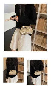 Elegant sequin kiss-lock shoulder bag for women, chic pearl beaded evening clutch.