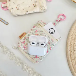 Floral corduroy mini key pouch double zipper coin purse cute earphone storage bag for women