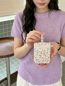 Ins Style Ditsy Floral Key Wallet Dual Zipper Hanging Clasp Earphone Storage Bag Sweet Flower Cloth Coin Purse For Women Girls