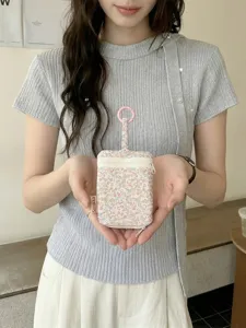 Cute floral print key pouch with double zipper and hanging hook, portable earphone bag.