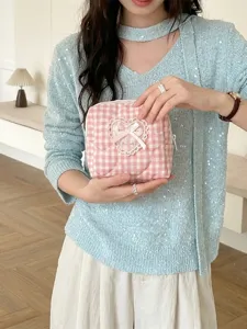 Kawaii Heart Lace Plaid Quilted Cosmetic Bag Girly Bow Portable Travel Toiletry Storage Pouch For Women Polyester Small Makeup Bag