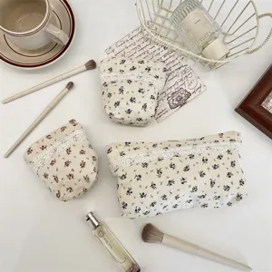 Vintage Blumenmuster Leinen Make-up-Tasche Set mit süßer Spitzenborte für Kosmetik