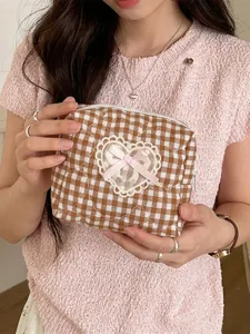 Gingham quilted cosmetic pouch with lace heart bow sweet makeup bag for daily storage.