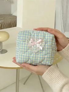 Blue yellow gingham quilted makeup bag with cute lace heart bow cosmetic storage pouch