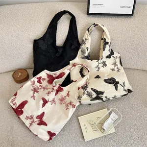 Sac cabas en toile décontracté avec broderie de papillon grand sac à épaule élégant