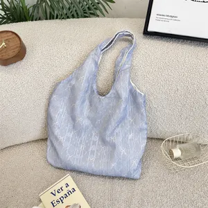 Blue bow patterned tote bag, casual summer shoulder bag, aesthetic cloth handbag for women