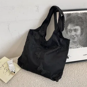 Sac cabas en toile noir avec broderie délicate de papillons en dentelle, grand sac décontracté.