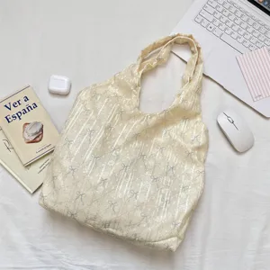 Aesthetic bow texture shoulder bag casual daily tote bag for women chic canvas handbag