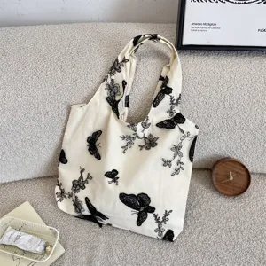 Sac cabas en toile broderie dentelle papillon noir, grand sac d'épaule décontracté.