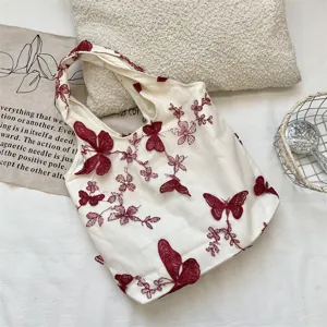 Sac cabas en toile brodé de papillons rouges, sac épaule décontracté esthétique pour femme.