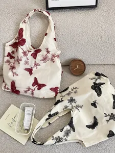 Sac cabas en toile avec broderie de dentelle papillon élégante, grand sac bandoulière.