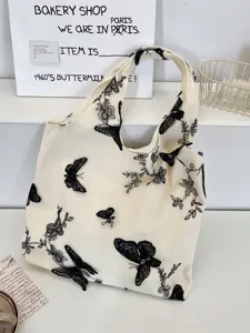 Sac cabas en toile avec broderie de papillon en dentelle noire, sac bandoulière décontracté.